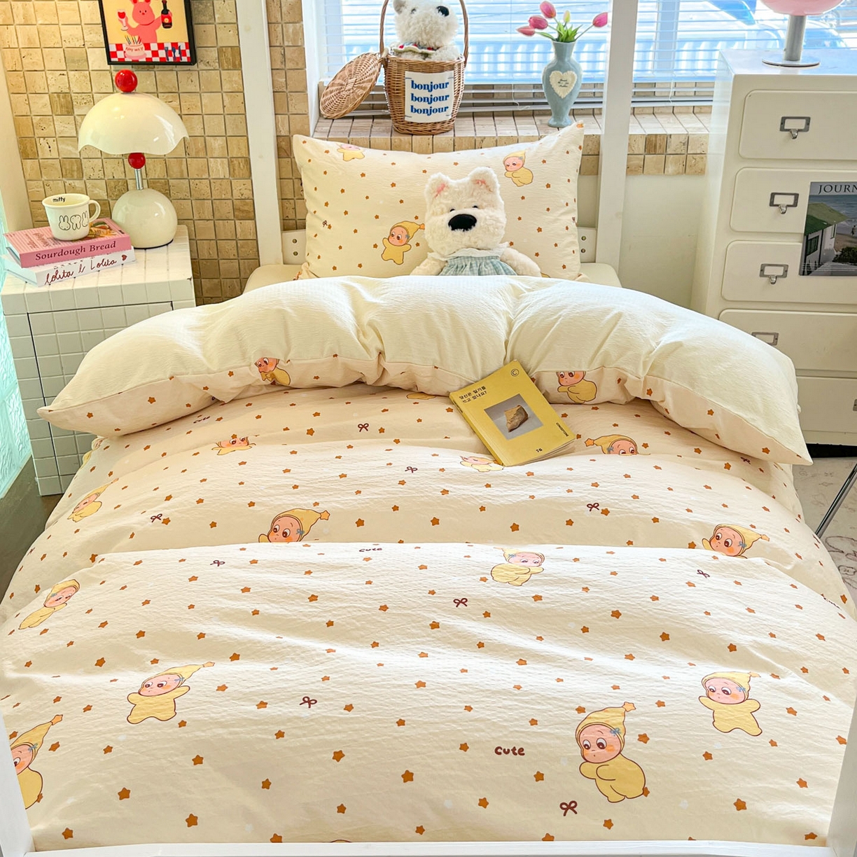 91家纺网 家纺一手货源 找家纺 川悦生活 2026新款双层纱皱皱纱学生床三件套 恰星星