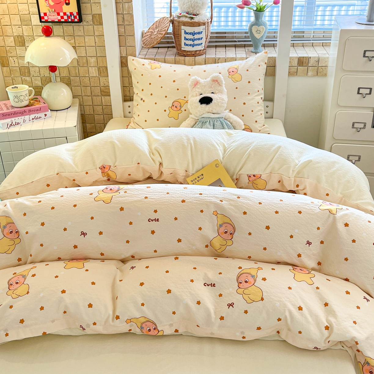 91家纺网 家纺一手货源 找家纺 川悦生活 2026新款双层纱皱皱纱学生床三件套 恰星星