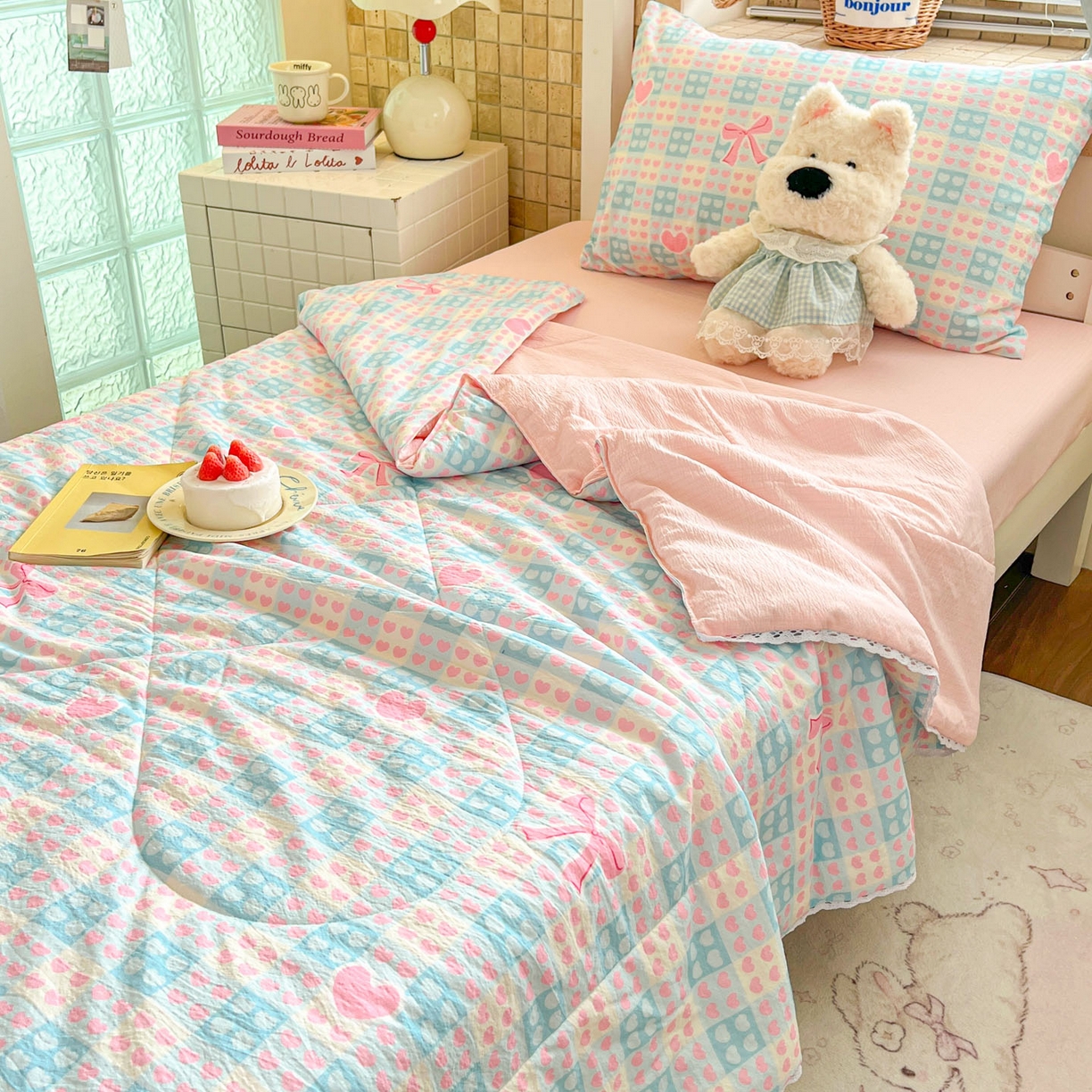 91家纺网 家纺一手货源 找家纺 川悦生活 2026春夏新款双层纱皱皱纱学生床夏被夏凉被空调被三件套 夏被甜梦心愿