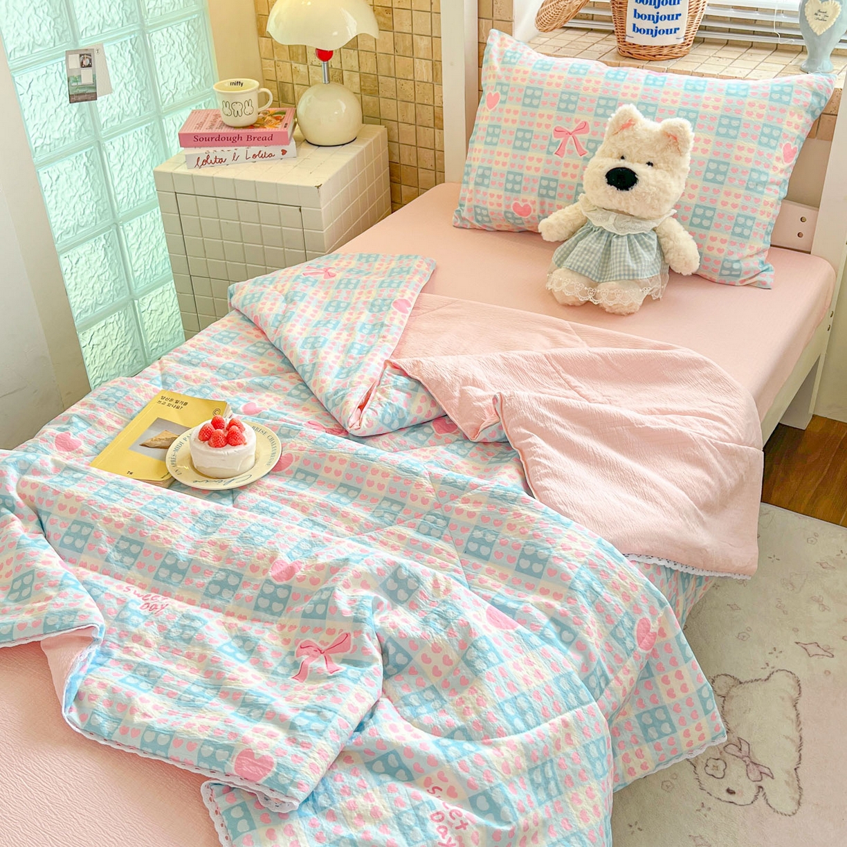 91家纺网 家纺一手货源 找家纺 川悦生活 2026春夏新款双层纱皱皱纱学生床夏被夏凉被空调被三件套 夏被甜梦心愿