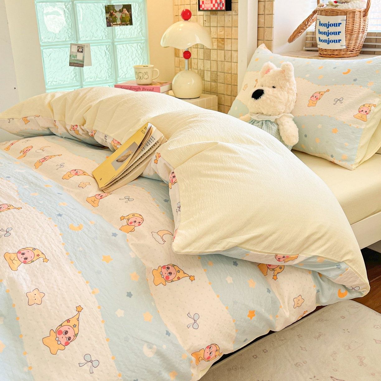 91家纺网 家纺一手货源 找家纺 川悦生活 2026新款双层纱皱皱纱学生床三件套 数星星