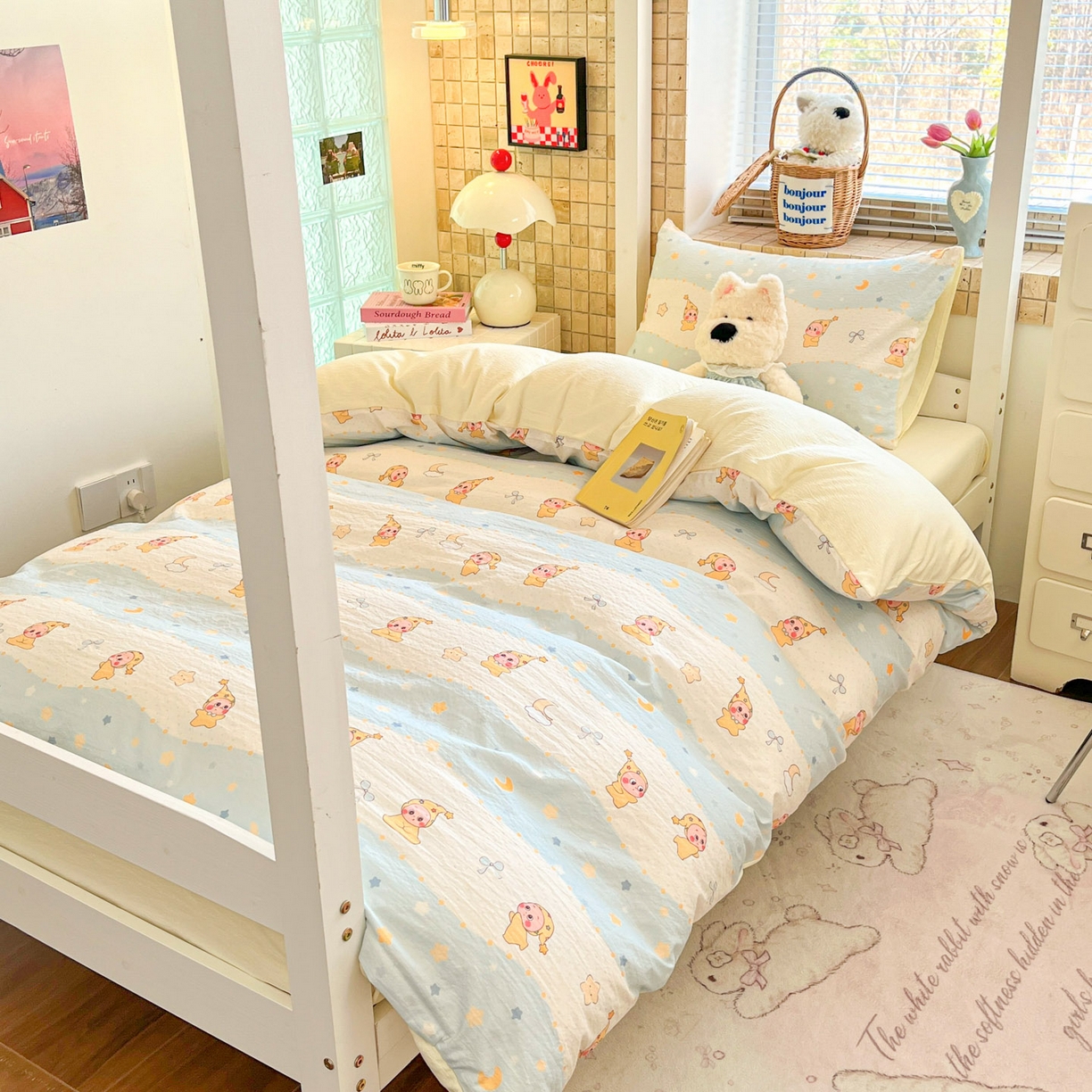 91家纺网 家纺一手货源 找家纺 川悦生活 2026新款双层纱皱皱纱学生床三件套 数星星