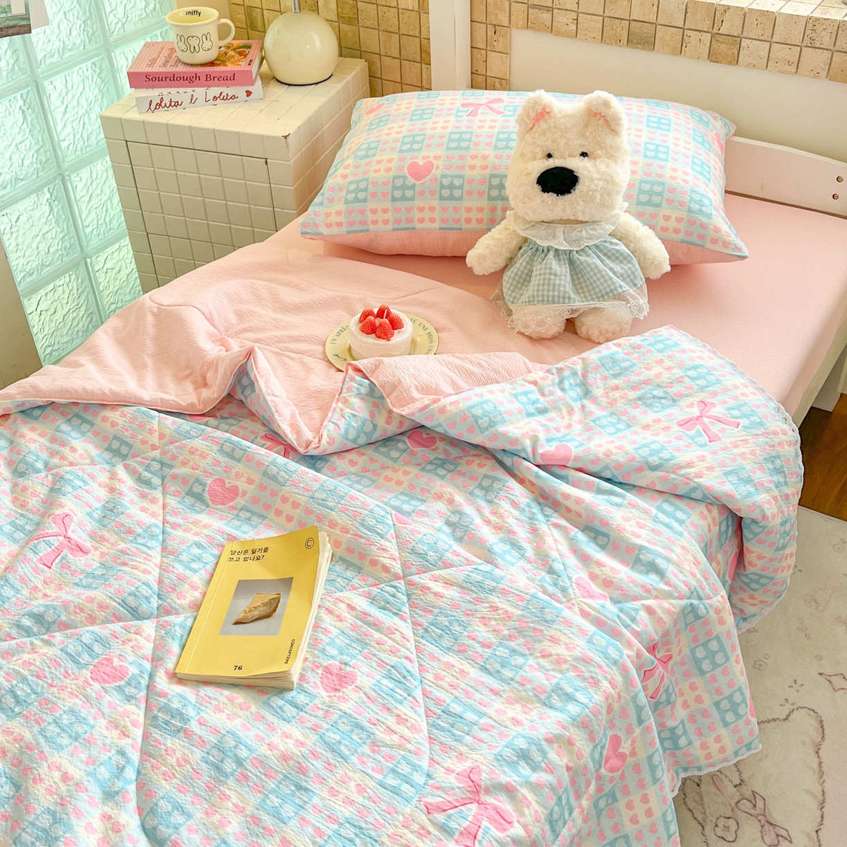 91家纺网 家纺一手货源 找家纺 川悦生活 2026春夏新款双层纱皱皱纱学生床夏被夏凉被空调被三件套 夏被甜梦心愿