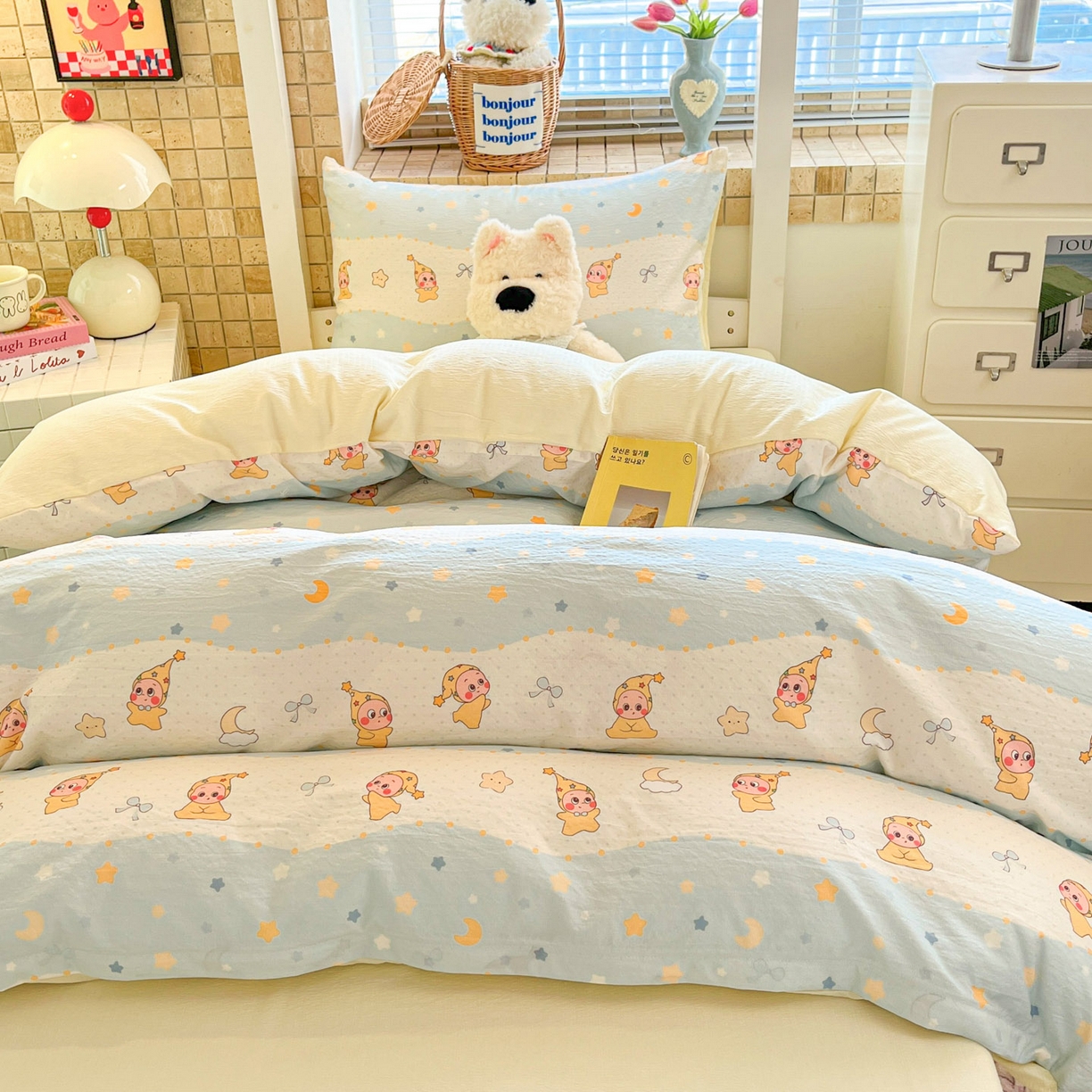 91家纺网 家纺一手货源 找家纺 川悦生活 2026新款双层纱皱皱纱学生床三件套 数星星