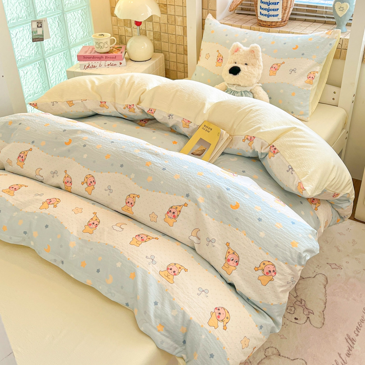 91家纺网 家纺一手货源 找家纺 川悦生活 2026新款双层纱皱皱纱学生床三件套 数星星