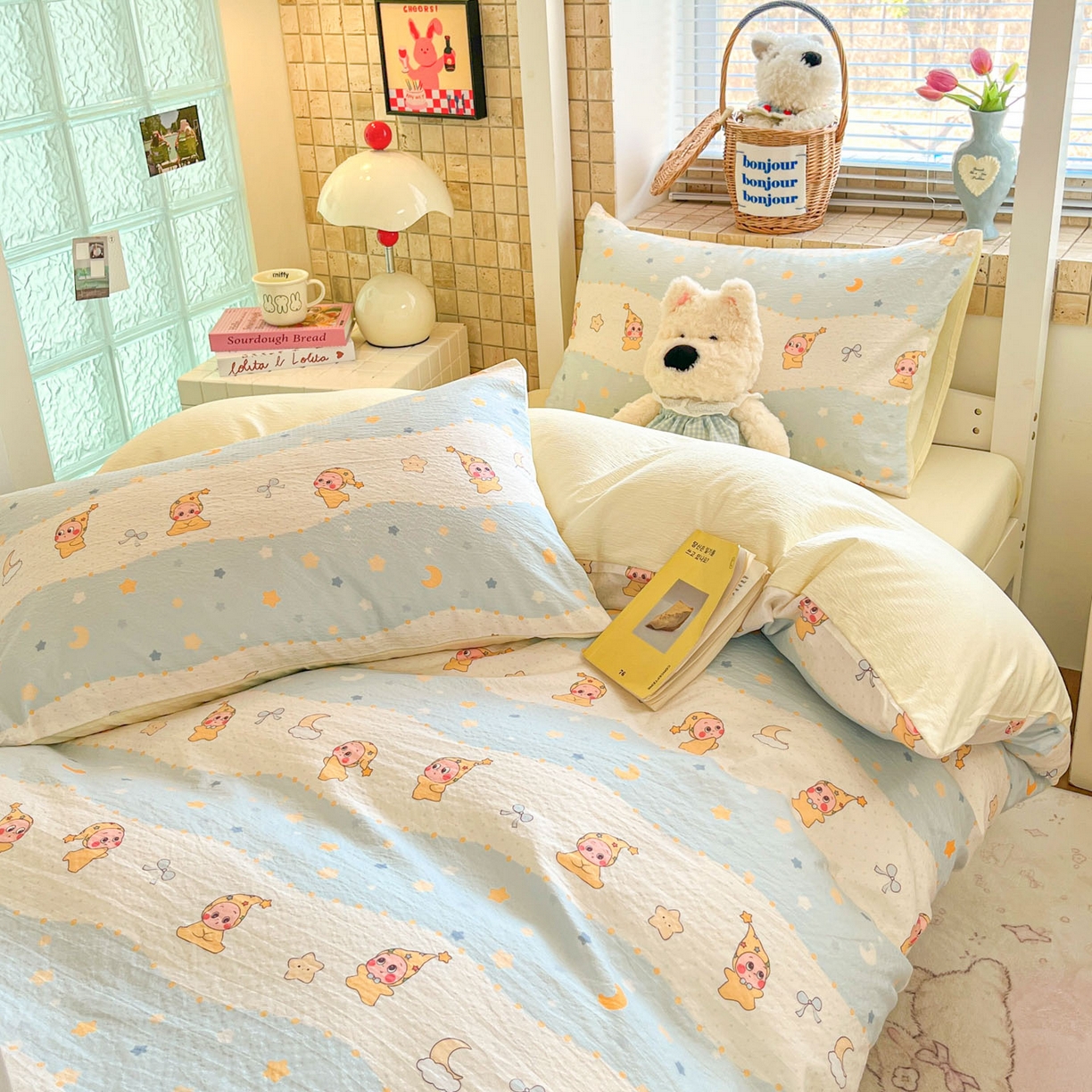 91家纺网 家纺一手货源 找家纺 川悦生活 2026新款双层纱皱皱纱学生床三件套 数星星