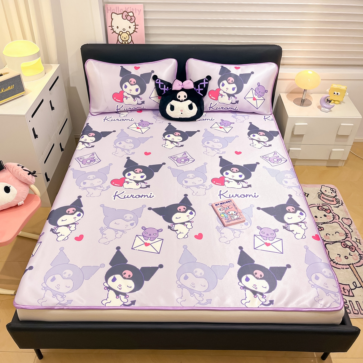 91家纺网 家纺一手货源 找家纺 暮思家居 2026新款三丽鸥正版授权数码印花A类可机洗1200D冰丝凉席三件套平铺款系列 平铺款-巴库库洛米