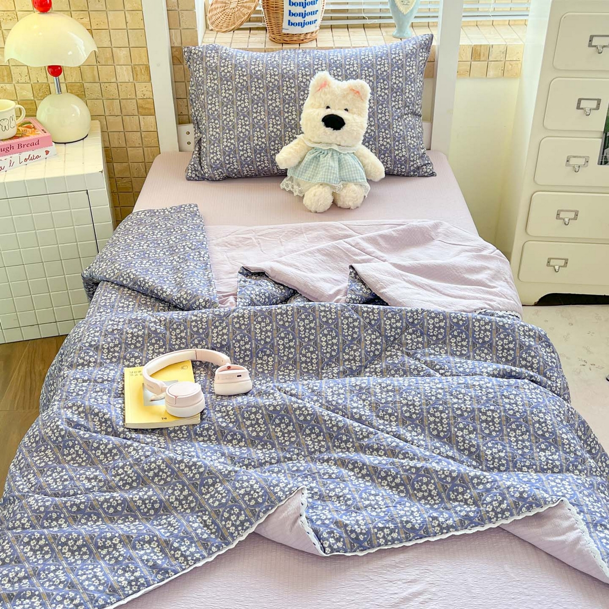 川悦生活 2026春夏新款双层纱皱皱纱学生床夏被夏凉被空调被三件套 夏被西斯花圃