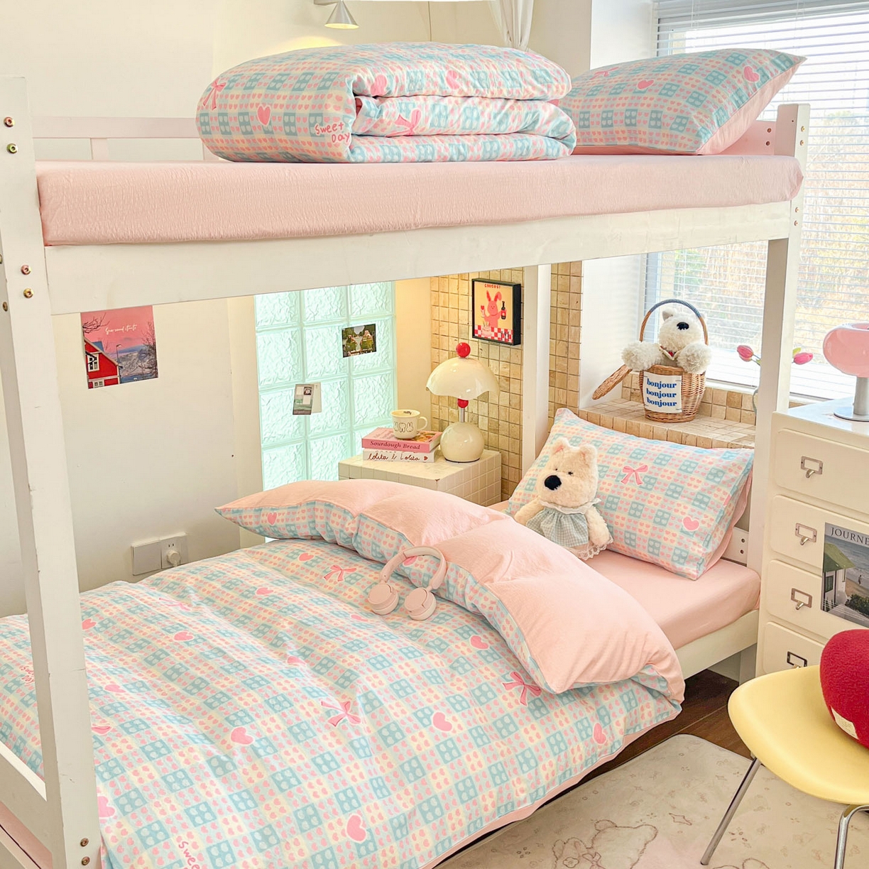 91家纺网 家纺一手货源 找家纺 川悦生活 2026新款双层纱皱皱纱学生床三件套 甜梦心愿