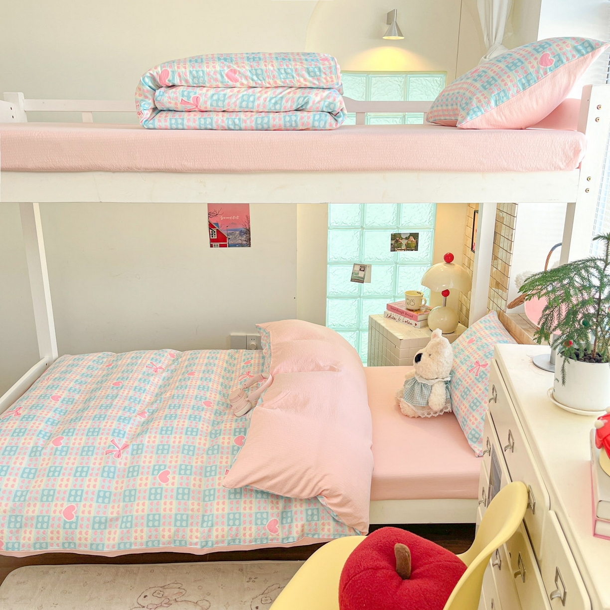 91家纺网 家纺一手货源 找家纺 川悦生活 2026新款双层纱皱皱纱学生床三件套 甜梦心愿