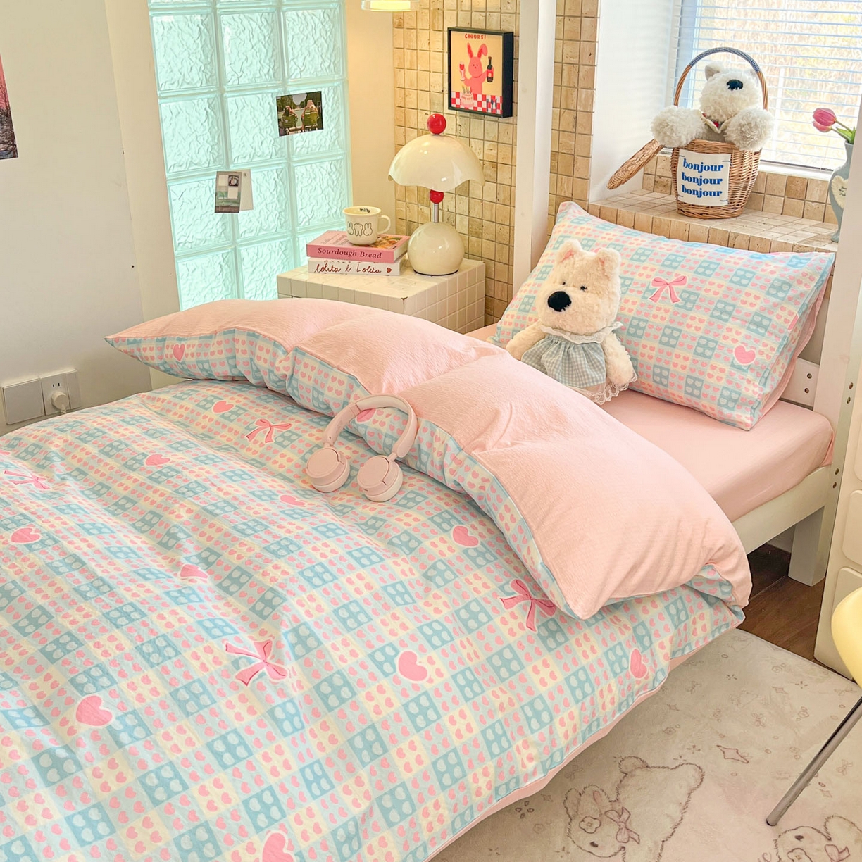 91家纺网 家纺一手货源 找家纺 川悦生活 2026新款双层纱皱皱纱学生床三件套 甜梦心愿