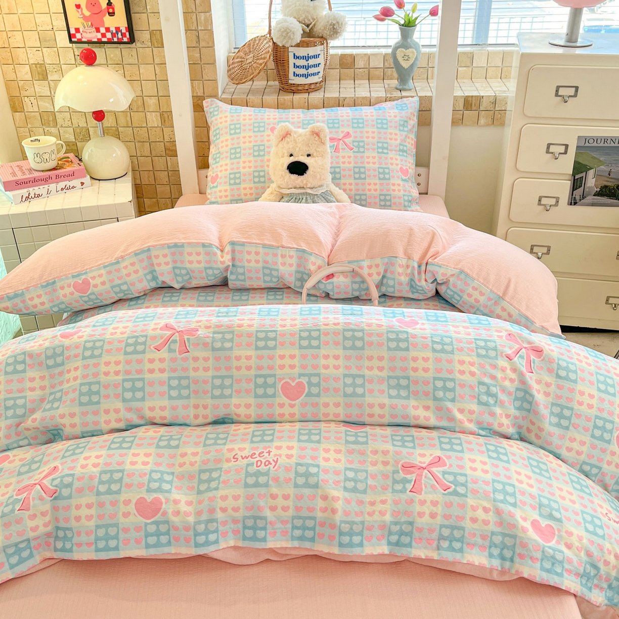 91家纺网 家纺一手货源 找家纺 川悦生活 2026新款双层纱皱皱纱学生床三件套 甜梦心愿