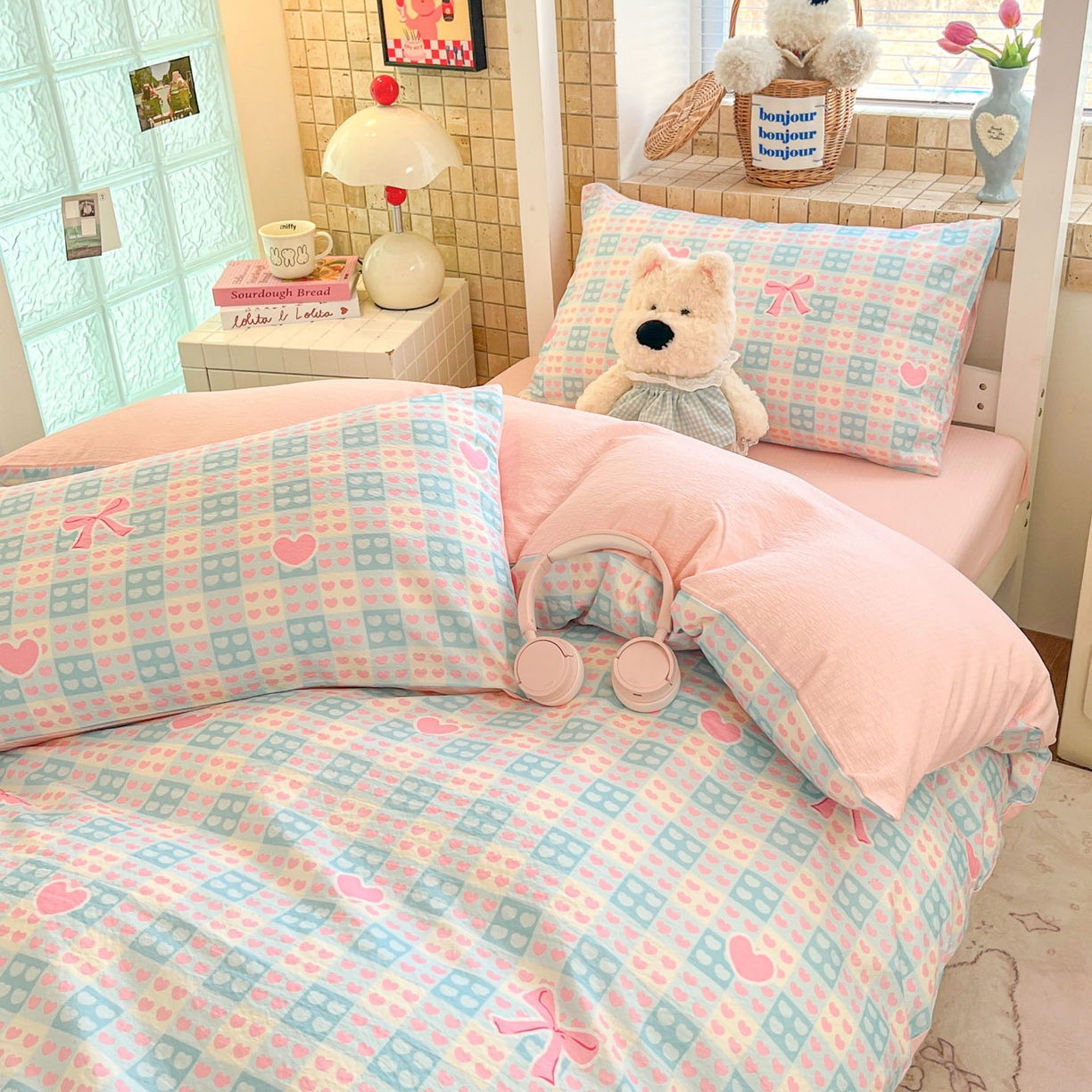 91家纺网 家纺一手货源 找家纺 川悦生活 2026新款双层纱皱皱纱学生床三件套 甜梦心愿