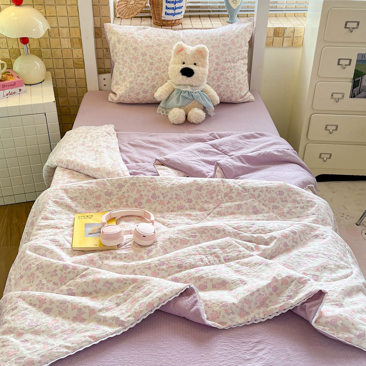 川悦生活 2026春夏新款双层纱皱皱纱学生床夏被夏凉被空调被三件套 夏被香芋甜梦