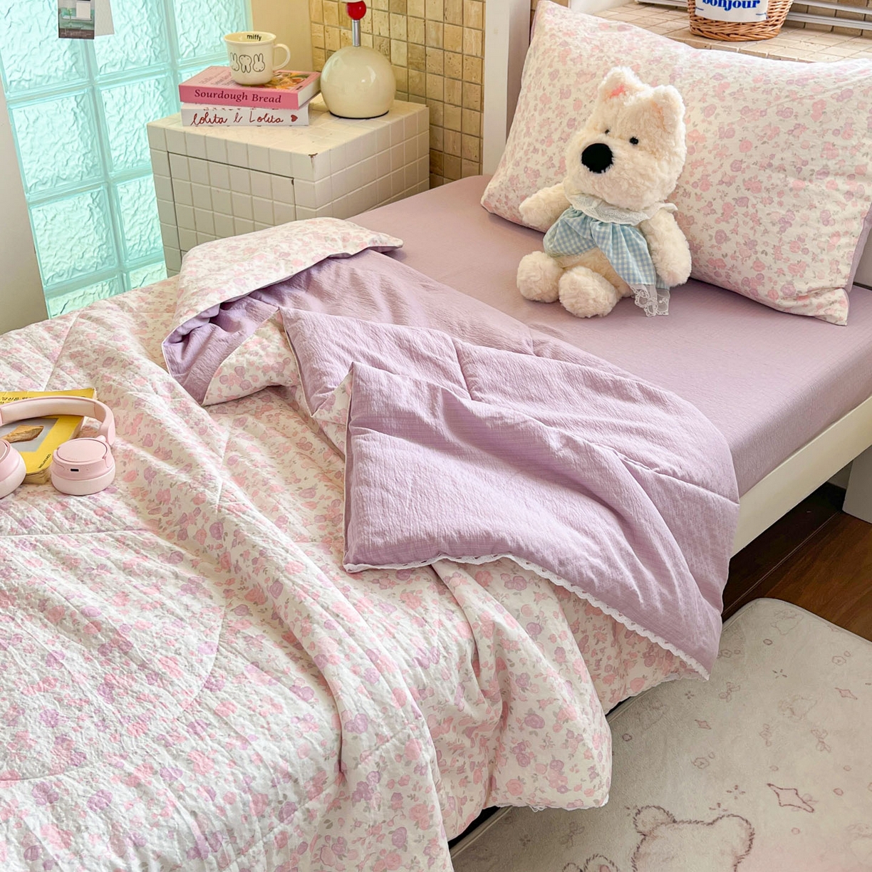 91家纺网 家纺一手货源 找家纺 川悦生活 2026春夏新款双层纱皱皱纱学生床夏被夏凉被空调被三件套 夏被香芋甜梦