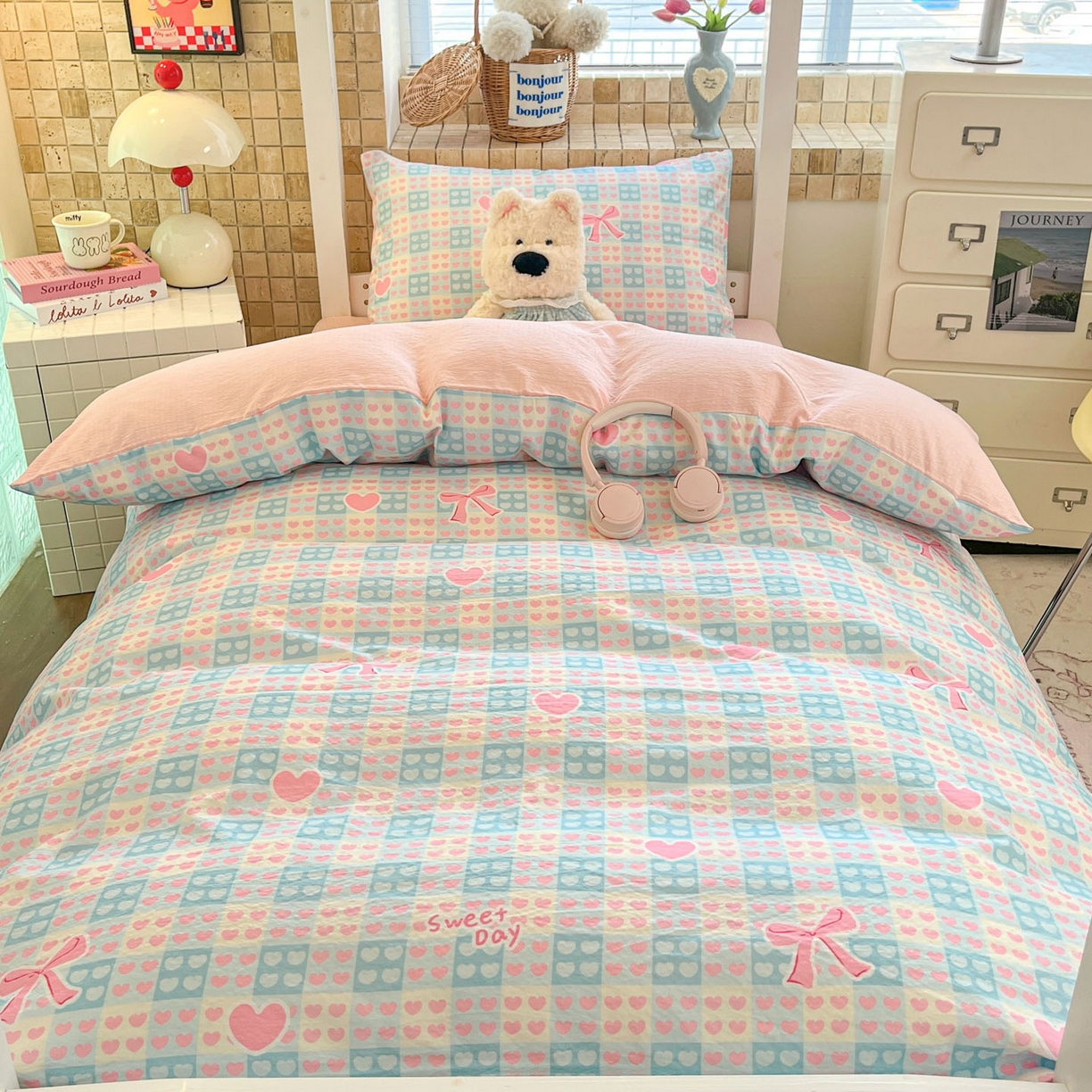 91家纺网 家纺一手货源 找家纺 川悦生活 2026新款双层纱皱皱纱学生床三件套 甜梦心愿