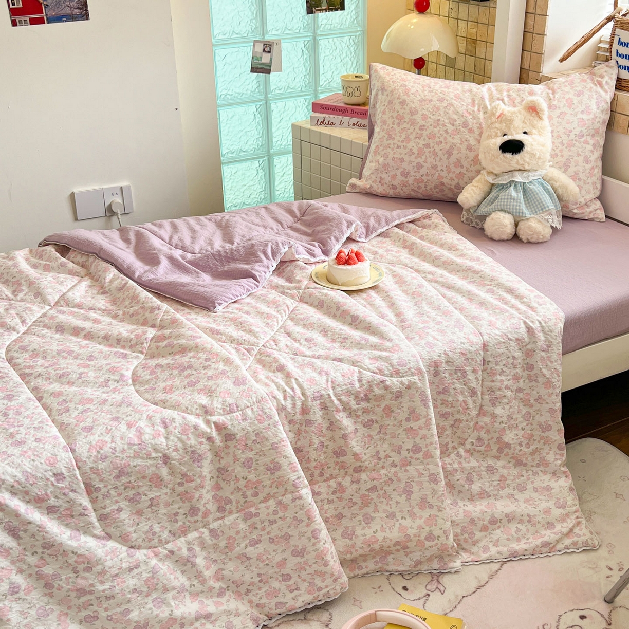 91家纺网 家纺一手货源 找家纺 川悦生活 2026春夏新款双层纱皱皱纱学生床夏被夏凉被空调被三件套 夏被香芋甜梦