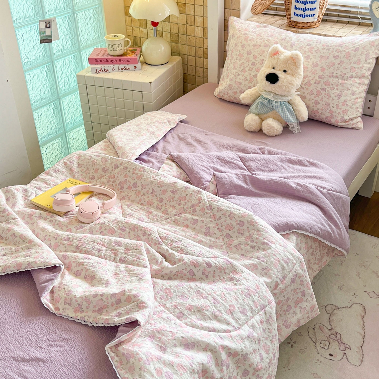 91家纺网 家纺一手货源 找家纺 川悦生活 2026春夏新款双层纱皱皱纱学生床夏被夏凉被空调被三件套 夏被香芋甜梦