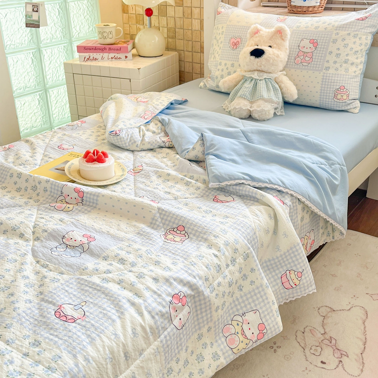 91家纺网 家纺一手货源 找家纺 川悦生活 2026春夏新款双层纱皱皱纱学生床夏被夏凉被空调被三件套 夏被小猫庄园