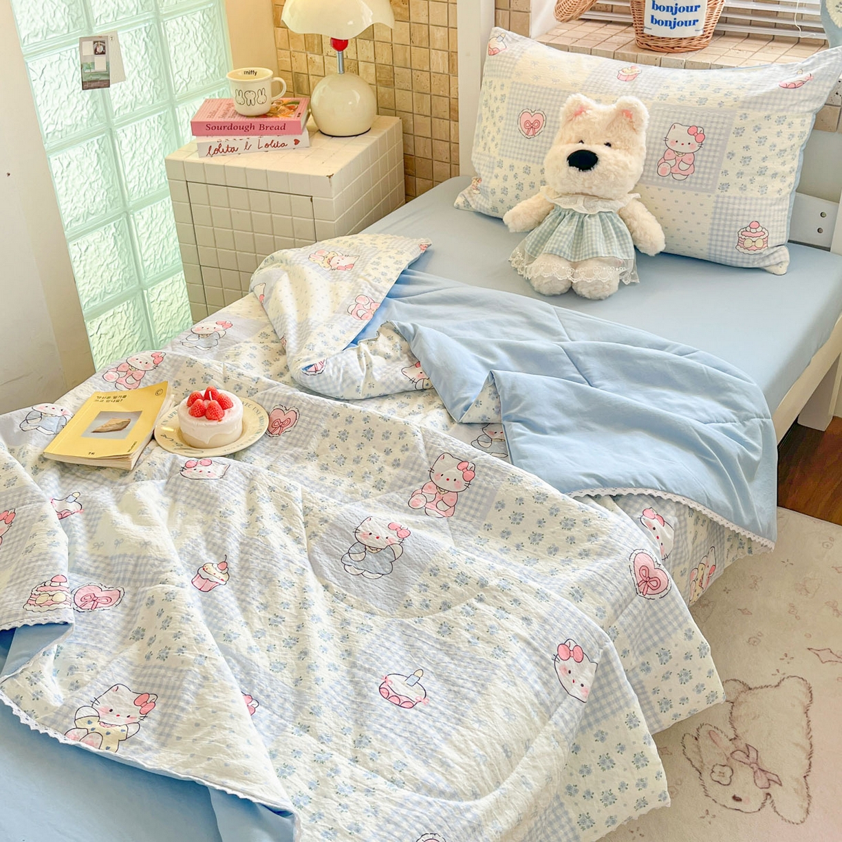 91家纺网 家纺一手货源 找家纺 川悦生活 2026春夏新款双层纱皱皱纱学生床夏被夏凉被空调被三件套 夏被小猫庄园