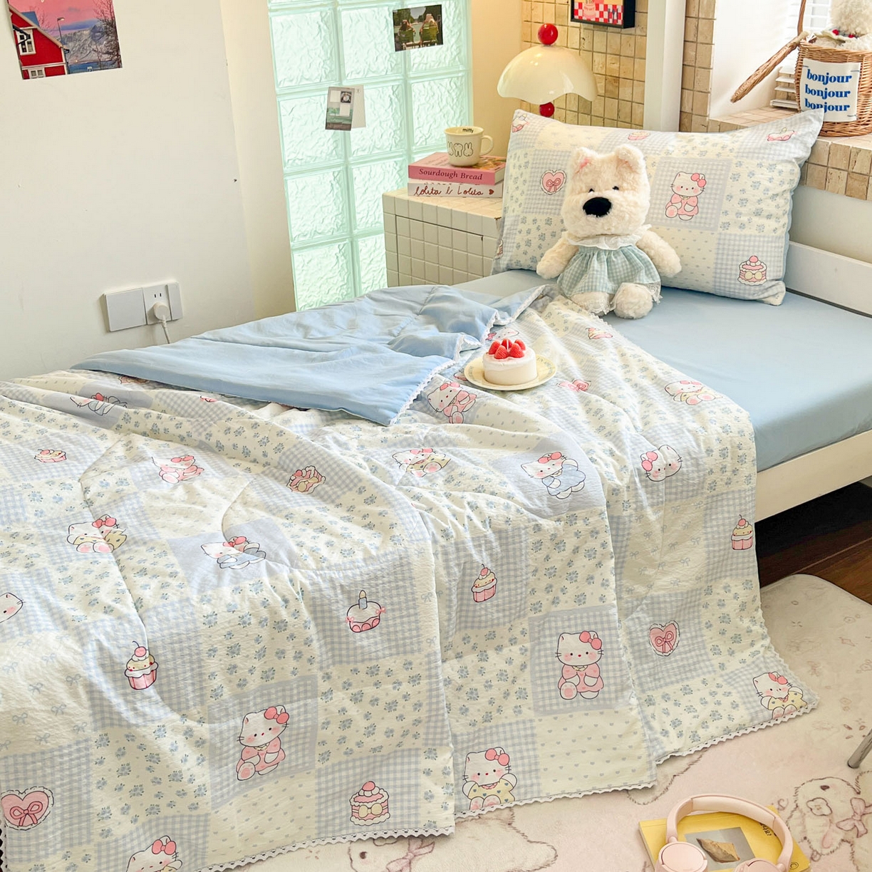 91家纺网 家纺一手货源 找家纺 川悦生活 2026春夏新款双层纱皱皱纱学生床夏被夏凉被空调被三件套 夏被小猫庄园