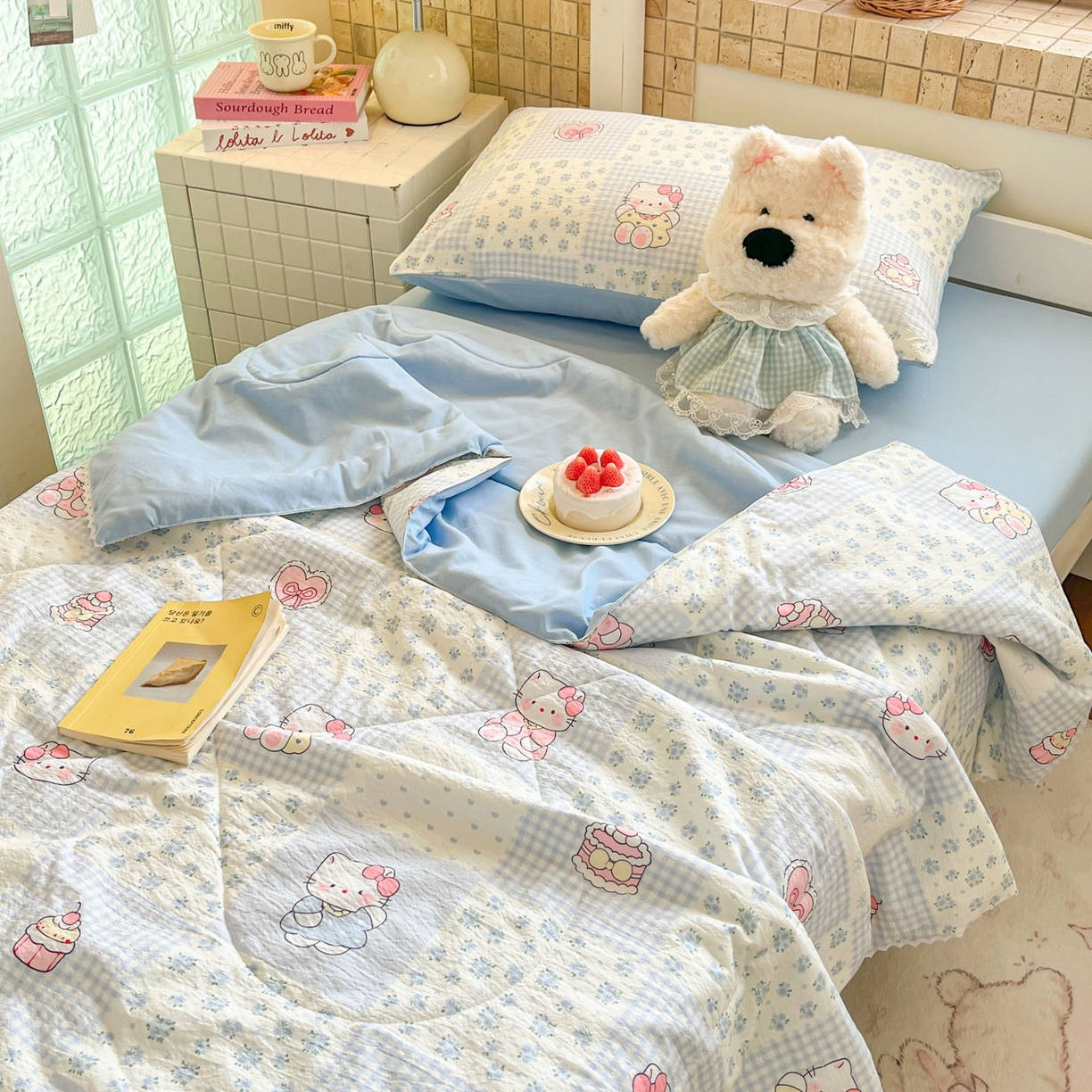 91家纺网 家纺一手货源 找家纺 川悦生活 2026春夏新款双层纱皱皱纱学生床夏被夏凉被空调被三件套 夏被小猫庄园