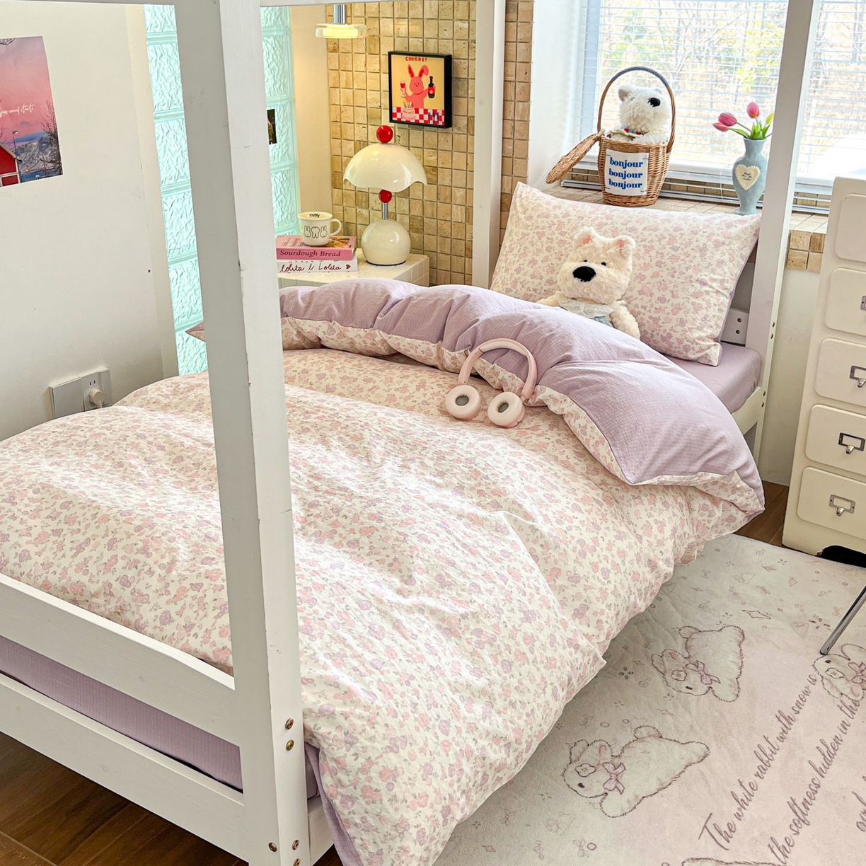 91家纺网 家纺一手货源 找家纺 川悦生活 2026新款双层纱皱皱纱学生床三件套 香芋甜梦