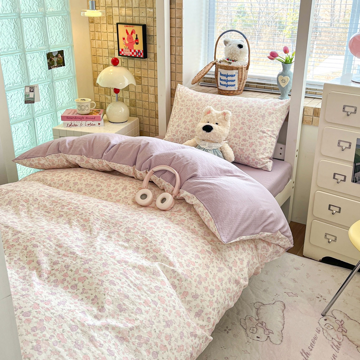 91家纺网 家纺一手货源 找家纺 川悦生活 2026新款双层纱皱皱纱学生床三件套 香芋甜梦