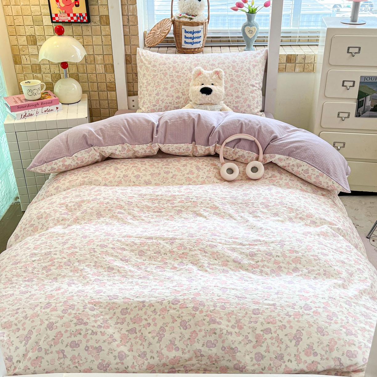 91家纺网 家纺一手货源 找家纺 川悦生活 2026新款双层纱皱皱纱学生床三件套 香芋甜梦