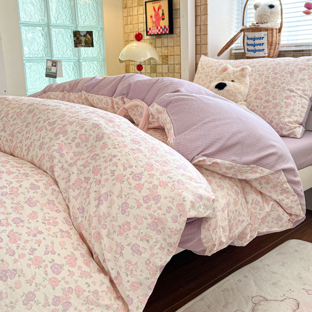 91家纺网 家纺一手货源 找家纺 川悦生活 2026新款双层纱皱皱纱学生床三件套 香芋甜梦