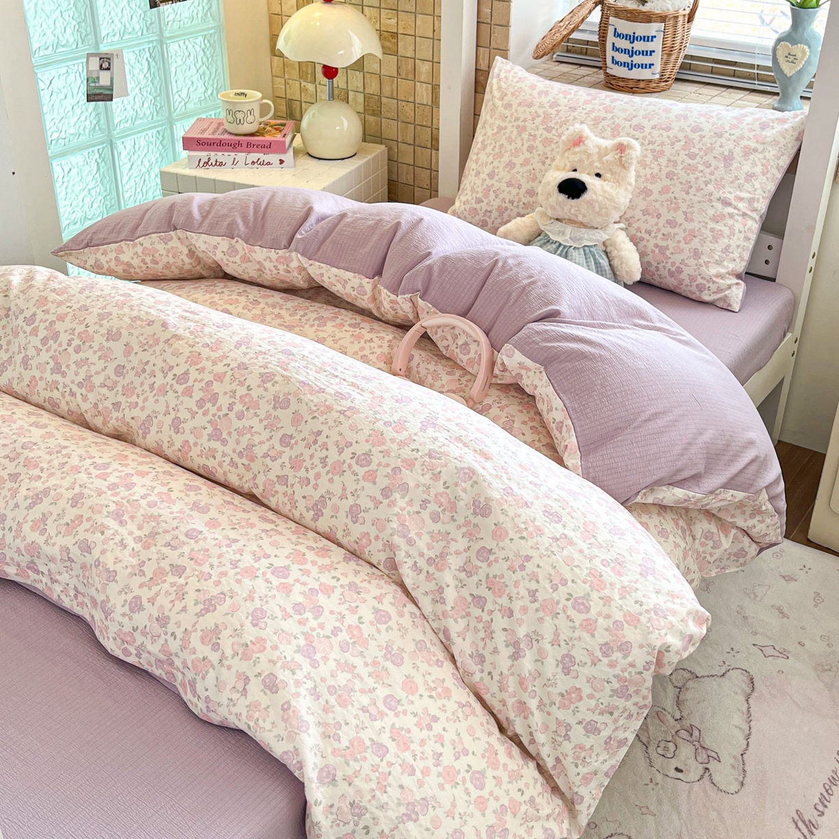 91家纺网 家纺一手货源 找家纺 川悦生活 2026新款双层纱皱皱纱学生床三件套 香芋甜梦