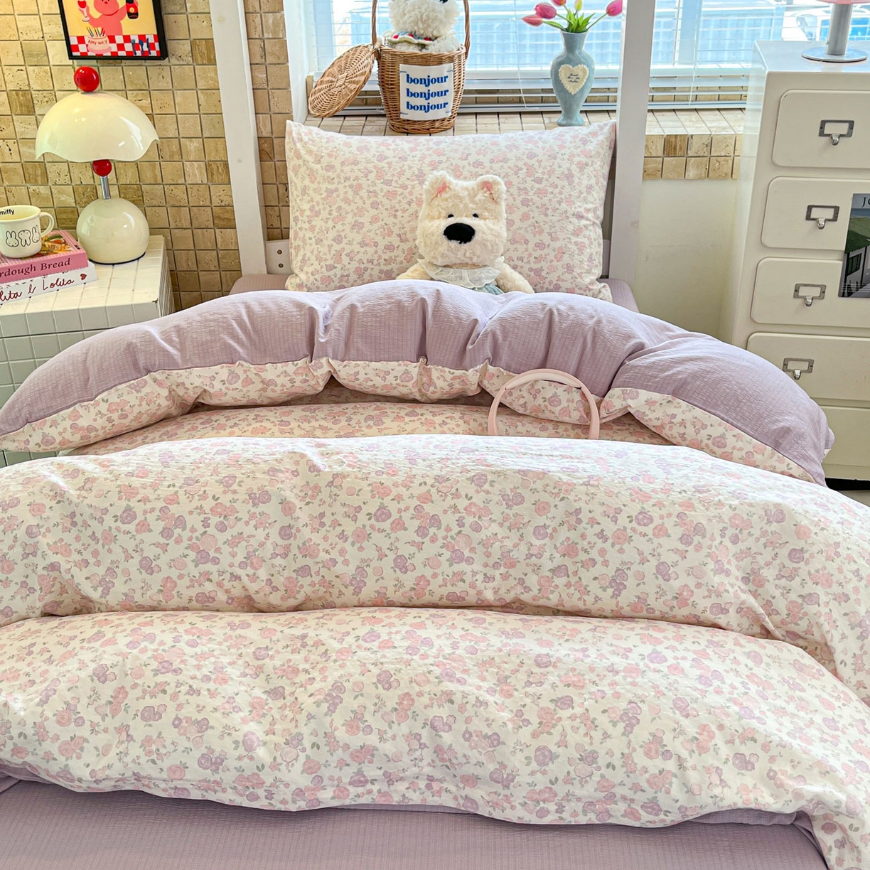 91家纺网 家纺一手货源 找家纺 川悦生活 2026新款双层纱皱皱纱学生床三件套 香芋甜梦