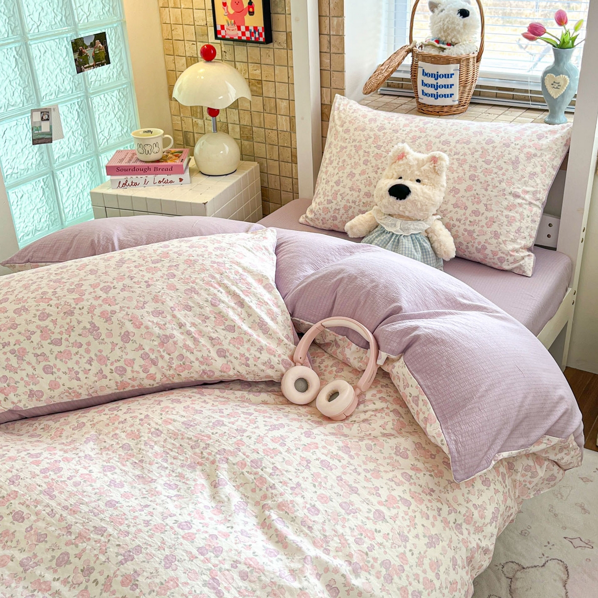 91家纺网 家纺一手货源 找家纺 川悦生活 2026新款双层纱皱皱纱学生床三件套 香芋甜梦