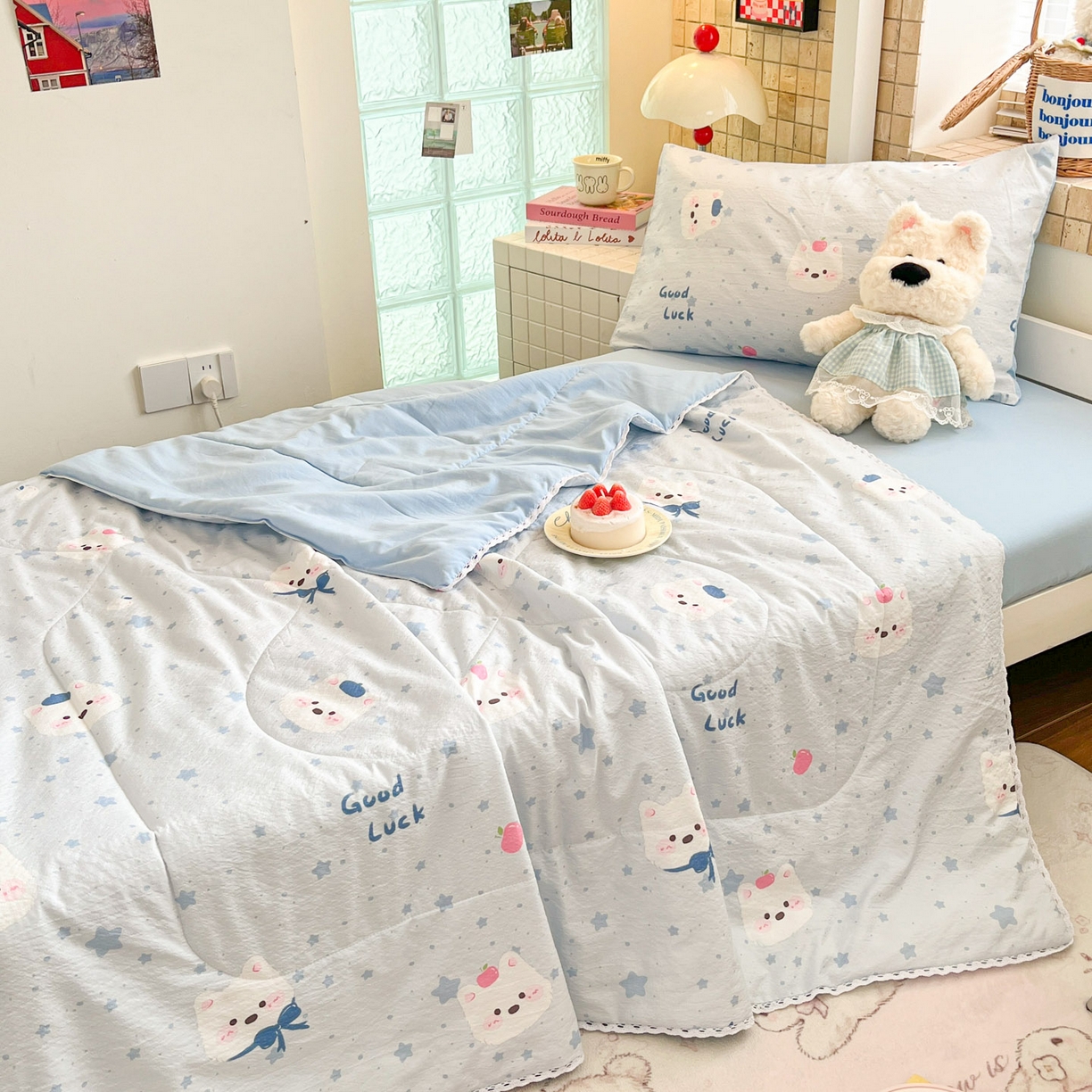 91家纺网 家纺一手货源 找家纺 川悦生活 2026春夏新款双层纱皱皱纱学生床夏被夏凉被空调被三件套 夏被星星西高地