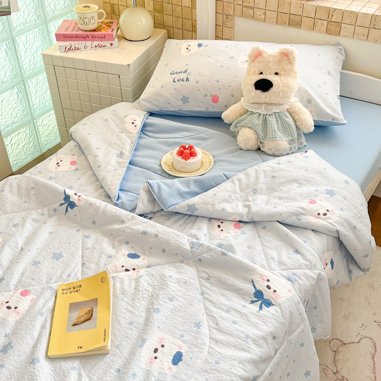 91家纺网 家纺一手货源 找家纺 川悦生活 2026春夏新款双层纱皱皱纱学生床夏被夏凉被空调被三件套 夏被星星西高地