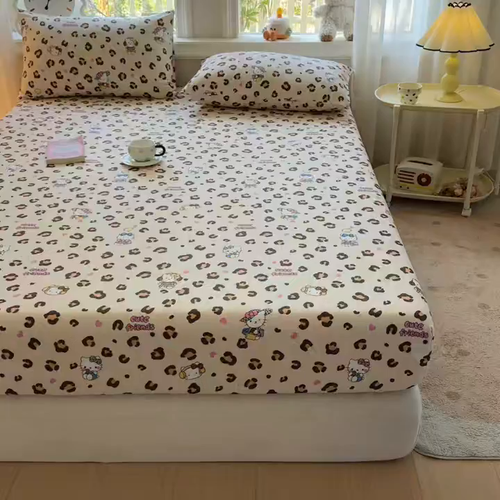 91家纺网 家纺一手货源 找家纺 优眠坊 2026春夏新款全棉印花卡通单床笠 豹纹猫