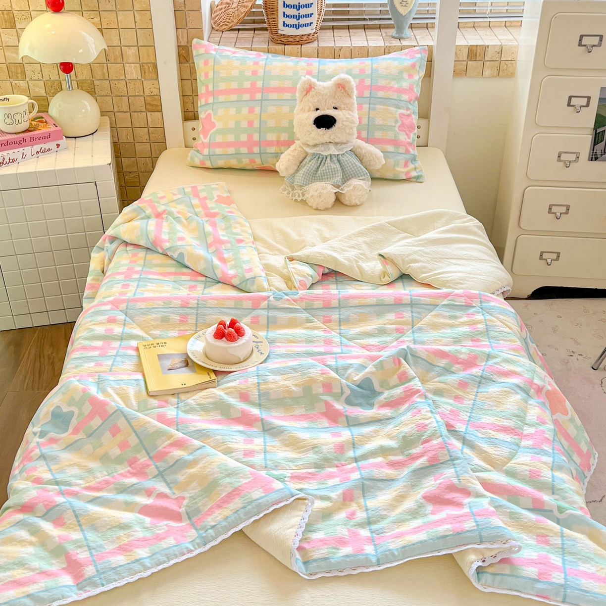 川悦生活 2026春夏新款双层纱皱皱纱学生床夏被夏凉被空调被三件套 夏被杏仁小星星