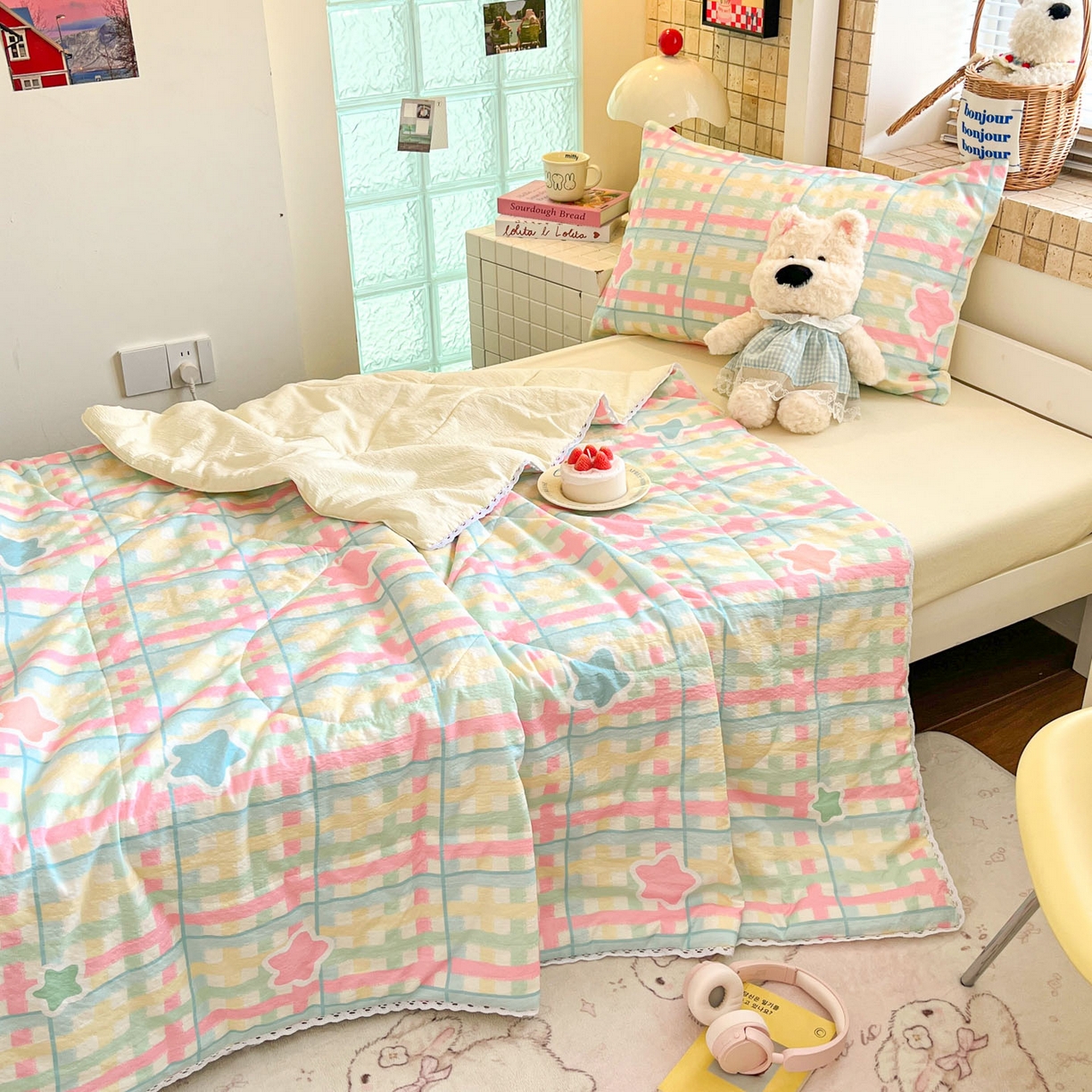 91家纺网 家纺一手货源 找家纺 川悦生活 2026春夏新款双层纱皱皱纱学生床夏被夏凉被空调被三件套 夏被杏仁小星星