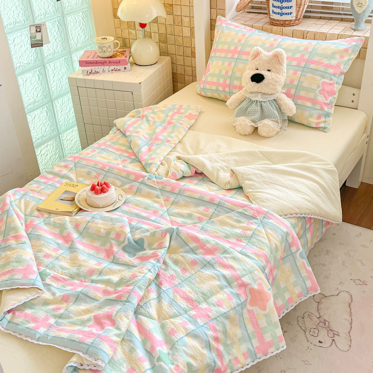 91家纺网 家纺一手货源 找家纺 川悦生活 2026春夏新款双层纱皱皱纱学生床夏被夏凉被空调被三件套 夏被杏仁小星星