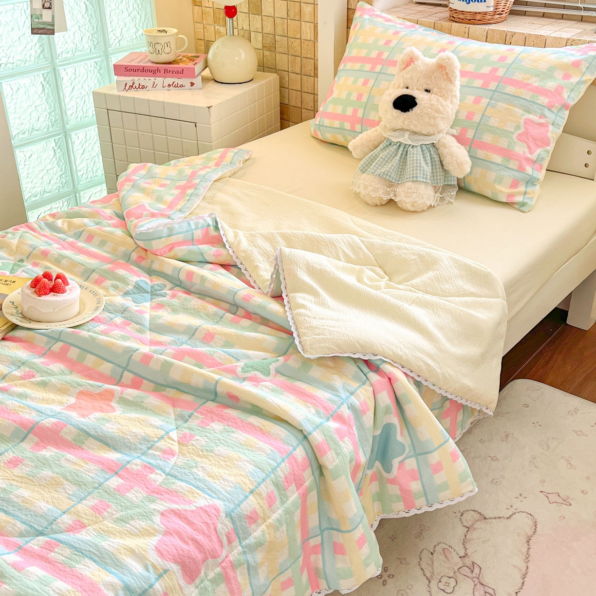 91家纺网 家纺一手货源 找家纺 川悦生活 2026春夏新款双层纱皱皱纱学生床夏被夏凉被空调被三件套 夏被杏仁小星星