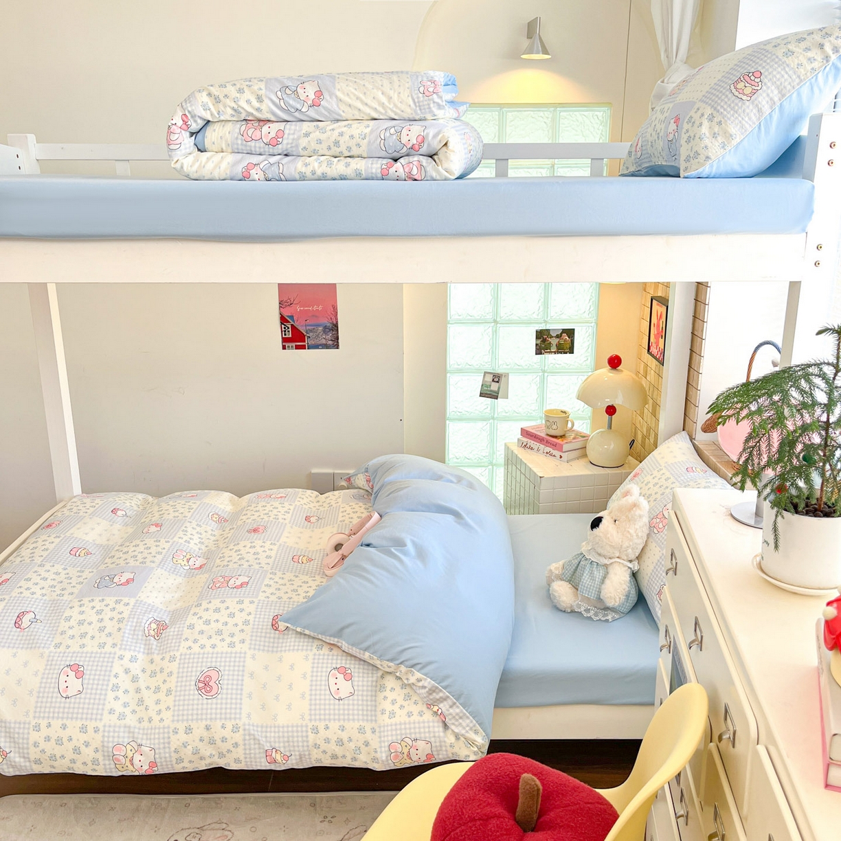 91家纺网 家纺一手货源 找家纺 川悦生活 2026新款双层纱皱皱纱学生床三件套 小猫庄园