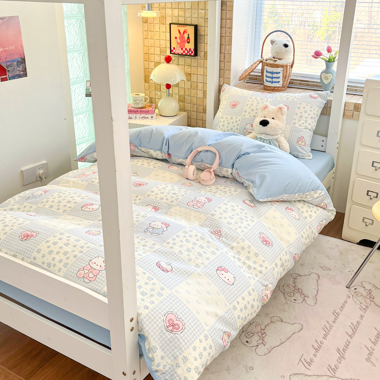 91家纺网 家纺一手货源 找家纺 川悦生活 2026新款双层纱皱皱纱学生床三件套 小猫庄园