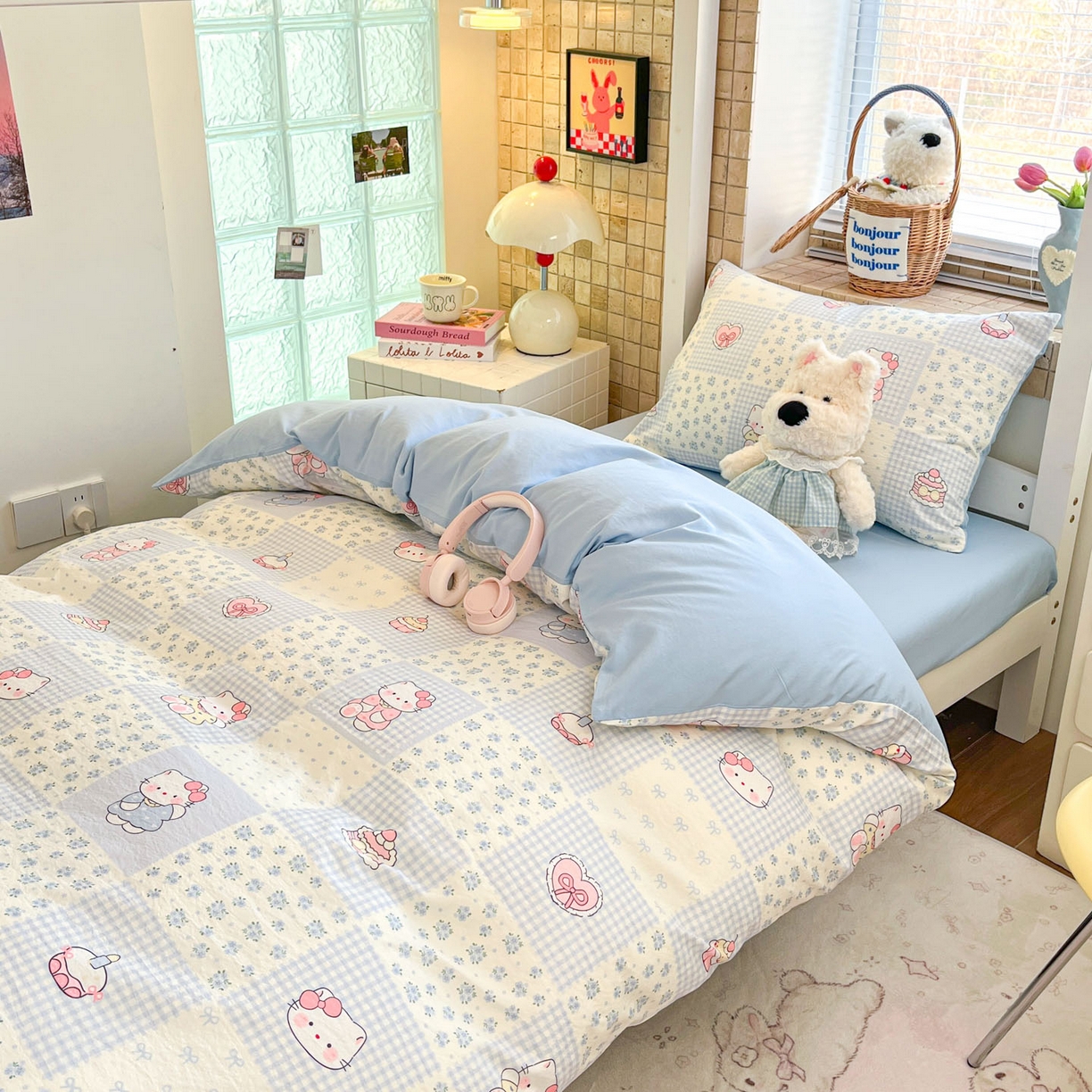 91家纺网 家纺一手货源 找家纺 川悦生活 2026新款双层纱皱皱纱学生床三件套 小猫庄园