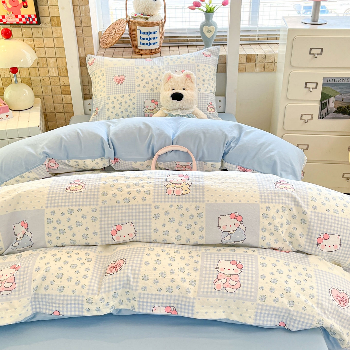 91家纺网 家纺一手货源 找家纺 川悦生活 2026新款双层纱皱皱纱学生床三件套 小猫庄园