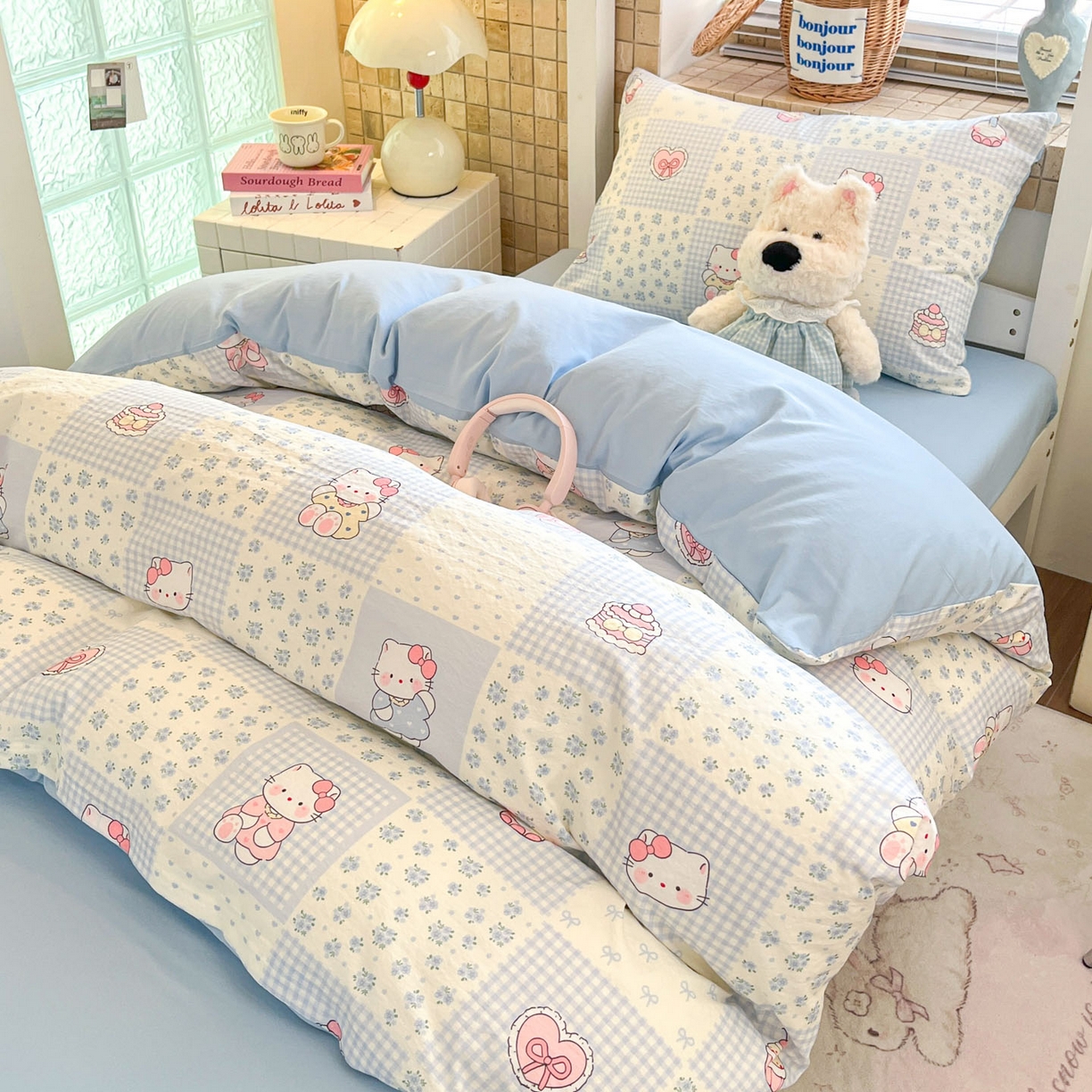 91家纺网 家纺一手货源 找家纺 川悦生活 2026新款双层纱皱皱纱学生床三件套 小猫庄园