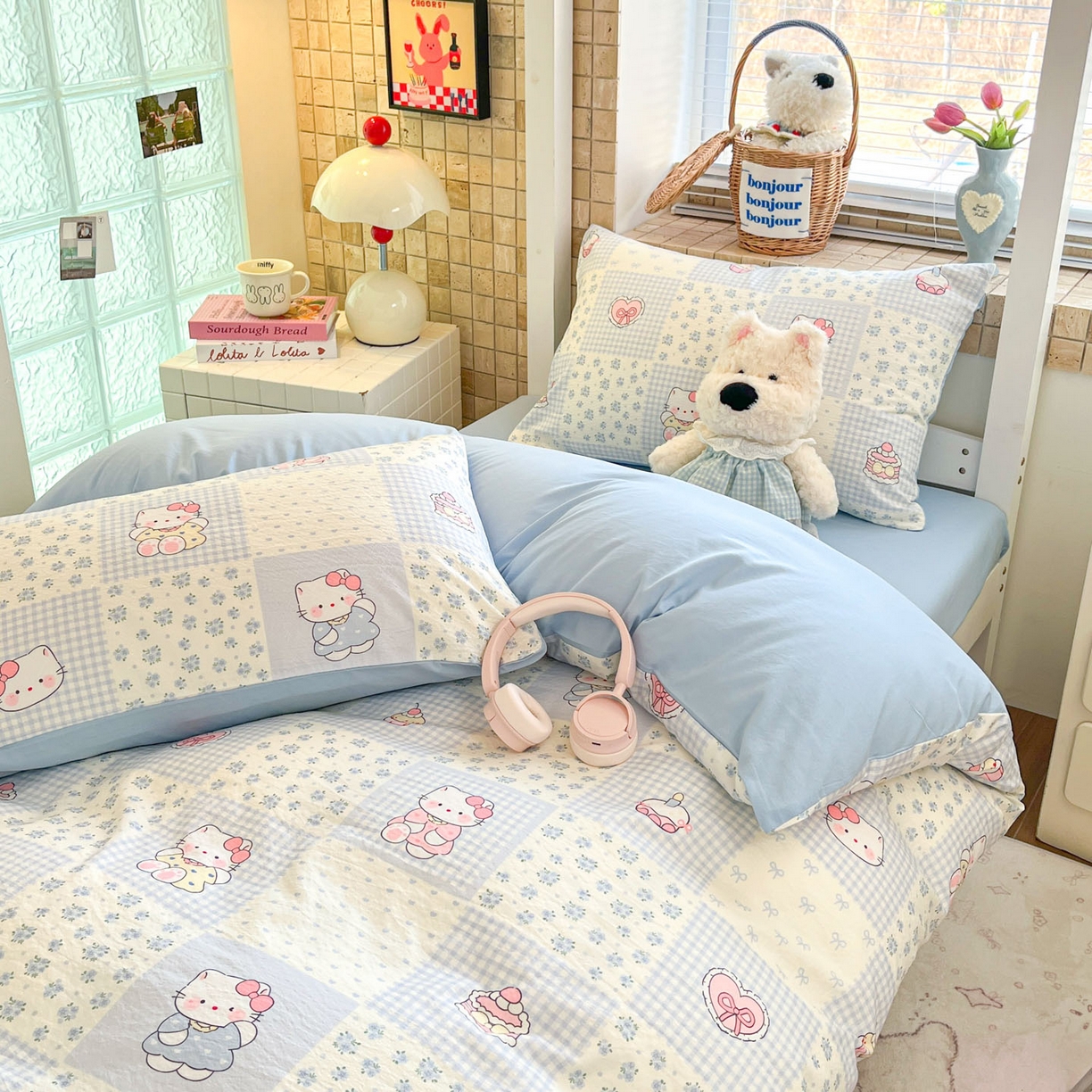 91家纺网 家纺一手货源 找家纺 川悦生活 2026新款双层纱皱皱纱学生床三件套 小猫庄园