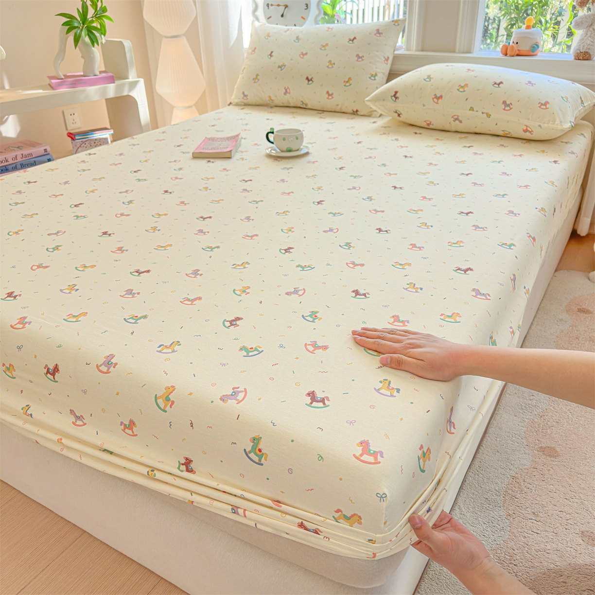 优眠坊 2026春夏新款全棉印花卡通单床笠 彩虹木马