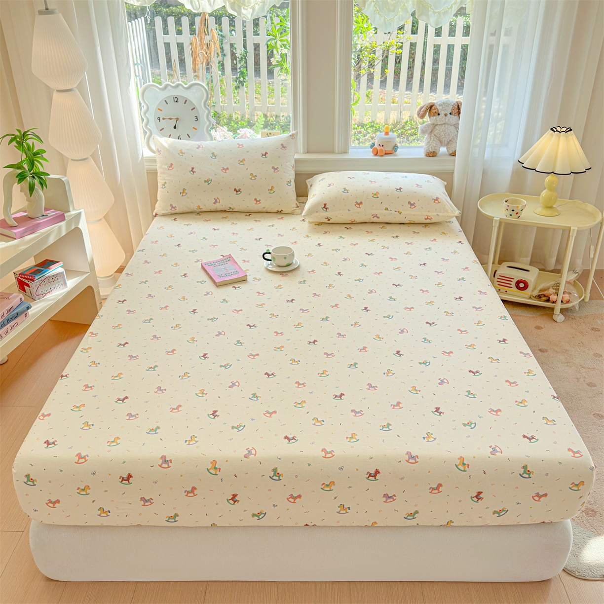 91家纺网 家纺一手货源 找家纺 优眠坊 2026春夏新款全棉印花卡通单床笠 彩虹木马