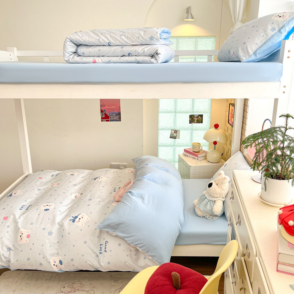 91家纺网 家纺一手货源 找家纺 川悦生活 2026新款双层纱皱皱纱学生床三件套 星星西高地