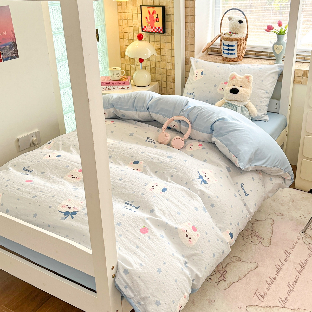 91家纺网 家纺一手货源 找家纺 川悦生活 2026新款双层纱皱皱纱学生床三件套 星星西高地